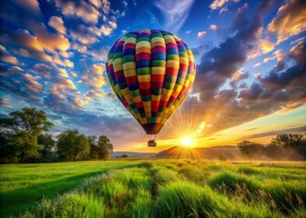 Obraz premium Vibrant hot air balloon rises above the lush green grass, its kaleidoscope of colors shining bright against a brilliant blue summer sky at dawn.