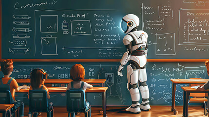 android teacher teaches kids, humanoid robot in classroom with blackboard and chalk