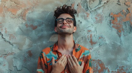 Obraz premium Man with glasses, smiling and laughing with arms crossed in front of brick wall. Colorful shirt, casual outdoor scene.