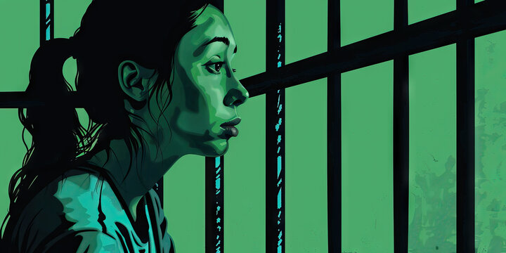 A young woman sits in a jail cell waiting for judgement. Incarcerated inmate. 