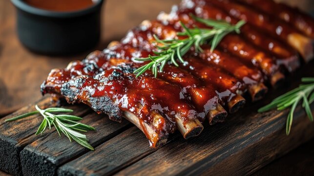 Delicious BBQ ribs glazed with sauce and garnished with fresh rosemary on a rustic wooden table. f9