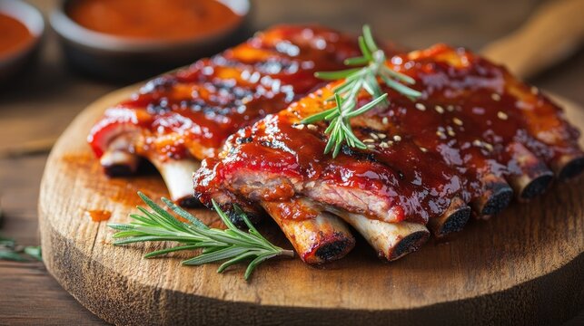 Delicious BBQ ribs glazed with sauce and garnished with fresh rosemary on a rustic wooden table. f9