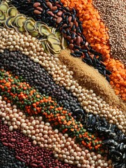 Variety of healthy grains, beans, and spices for cooking. Includes pantry staples like quinoa, black beans, and cumin.