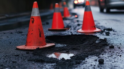 Detailed view of a pothole repair with fresh asphalt and safety cones surrounding the area.