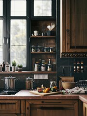 The kitchen is well-lit, with wooden cabinets and stainless steel appliances. There's an organized pantry with various ingredients for cooking.