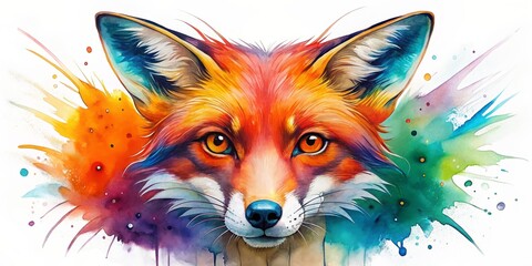 Obraz premium Vibrant watercolor fox face logo with bold, expressive features and striking colors, set against a crisp white background, exuding power and sophistication.