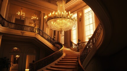 Obraz premium Elegant chandelier casting a warm glow over a grand staircase, enhancing the luxurious interior.