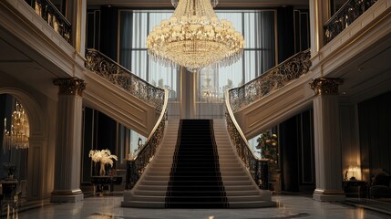 Obraz premium Elegant chandelier hanging above a grand staircase, adding a touch of luxury to the space. -