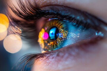 Close-up of an eye reflecting colorful lights during night time
