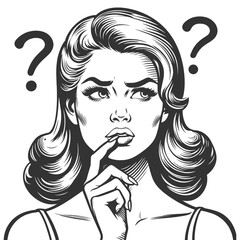 woman with dilemma confusion or uncertainty, question mark above her head sketch engraving generative ai fictional character vector illustration. Scratch board imitation. Black and white image.