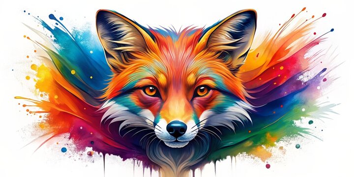 Vibrant colorful fox face logo with bold brushstrokes and intricate details on a crisp white background, exuding power and energy in a stunning watercolor design.