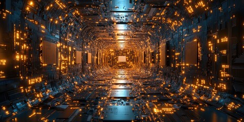 Obraz premium Abstract Futuristic Digital Circuitry Tunnel with Glowing Lights