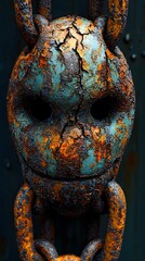 Close-up shot of a rusty, weathered metal mask with a haunting, broken appearance, highlighting the effects of corrosion and decay.