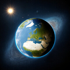 Obraz premium planet earth focus in European Union, Europe, EU in space with the sun and milky way, abstract creative global, world and science fiction