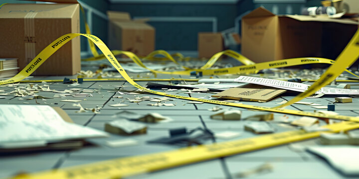 The aftermath of a botched bank heist, police tape crisscrossing the floor amidst scattered documents and empty cartons