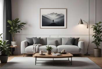  The living room features a gray sofa, a wooden coffee table