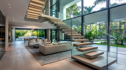 Floating staircase with glass railings, creating an open and airy feel in the contemporary home