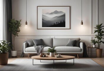  The living room features a gray sofa, a wooden coffee table