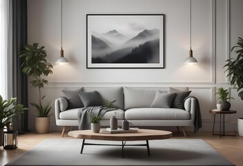  The living room features a gray sofa, a wooden coffee table