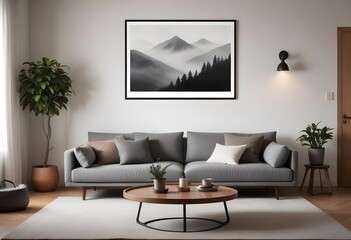  The living room features a gray sofa, a wooden coffee table