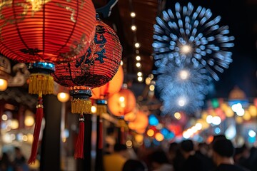 Colorful lanterns illuminate a festive street during fireworks display at night celebration