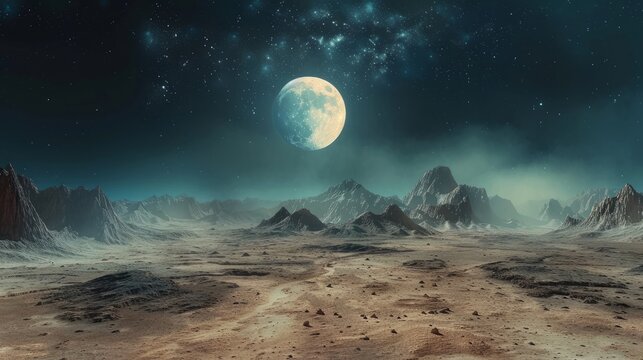 Vast alien landscape under a glowing moon with rugged mountains in the distance