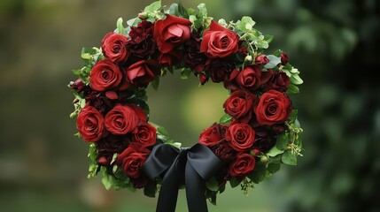 A funeral wreath made of roses, with a black ribbon draped elegantly across it