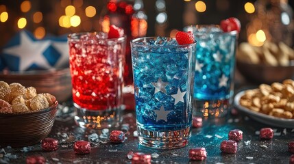  A table with red, yellow, and blue drinks and snacks 
