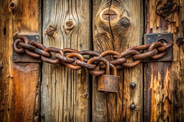 A heavy metal chain is tightly wrapped around a worn wooden door, securely fastened with a rusted lock, conveying a sense of restriction and confinement.