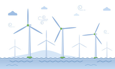 Offshore wind turbine system outline concept. Electrical energy generator technology for alternative and renewable energy production. Green environmental industry development and worldwide strategy.
