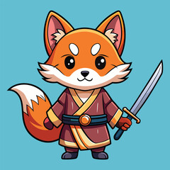 Cute Fox Kitsune Warrior Holding Katana Sword Cartoon Vector Icon Illustration