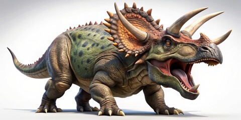 Obraz premium Fearsome prehistoric Triceratops with rugged scaly skin and powerful legs lets out a deafening roar, menacingly baring sharp teeth and a ferocious gaping mouth.