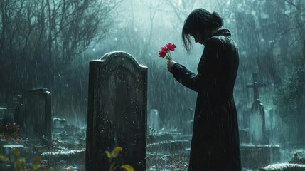 A sad woman, her coat dripping with rain, places a single flower on a gravestone and whispers a goodbye