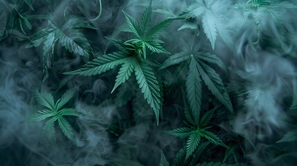 Marijuana leaves on a smoke background, close up top view on cannabis leaves and branches on smoke background for alternative medical and marketing design concept