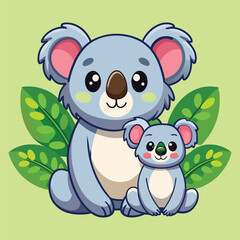  Cute Koala With Cub Cartoon Icon Illustration.

