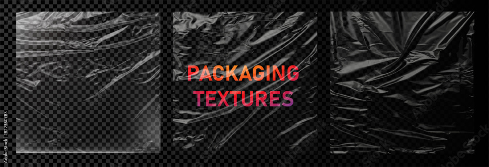 Aufkleber A collection of transparent packaging textures displayed on a checkered background with vibrant text overlay. These textures are perfect for graphic design projects, offering a realistic plastic wrap 