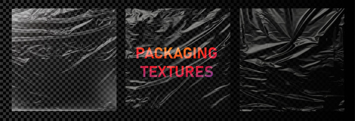 A collection of transparent packaging textures displayed on a checkered background with vibrant text overlay. These textures are perfect for graphic design projects, offering a realistic plastic wrap 