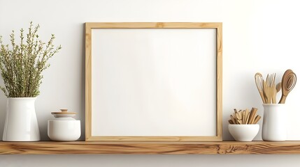 Minimalist Wood Shelf with Kitchen Utensils and Decor Elements in Cozy Home Interior