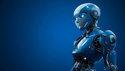 A Contemporary Mechanical Being Amidst a Profound Azure Backdrop Background Robot