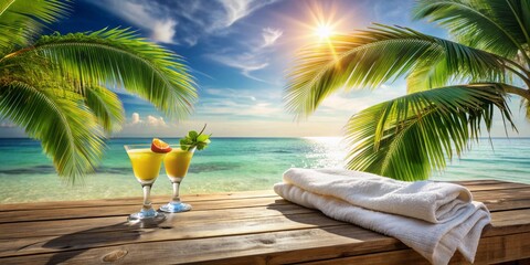 Serenely tranquil tropical beach scene with swaying palm trees, sun-bleached beach towels, and a refreshing cocktail waiting on a rustic wooden beach table.
