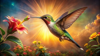 Fototapeta premium Vibrant hummingbird sips nectar from a lush, exotic flower, set against a stunning diamond plate-textured background, as warm sunrise hues illuminate the tropical beauty.