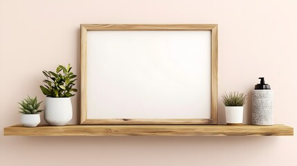 Wooden Frame Shelf with Potted Succulents and Natural Decor Elements in Minimal Interior Setting