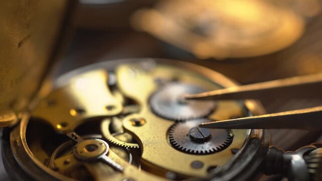 Portrait close up of a professional watchmaker repairer working on an old vintage pocket watch in a workshop.