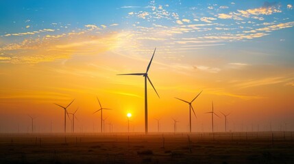 Obraz premium A wind turbine farm at dawn with the sun rising behind the turbines