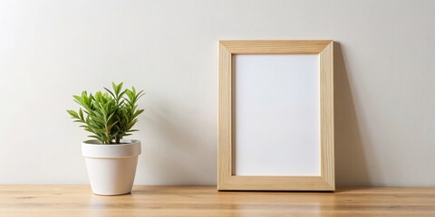 Blank wooden picture frame mockup with table decorative plant, minimalist home decor, wooden, picture frame, mockup