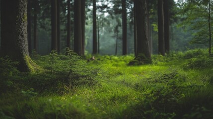 A serene forest with tall trees and lush greenery illuminated by gentle morning light, creating a peaceful atmosphere.