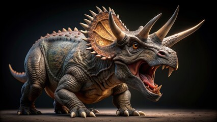 Fearsome prehistoric creature Triceratops emerges from darkness, its scaly skin intricately textured, jaws agape revealing sharp teeth in a deafening, primeval roar of dominance.