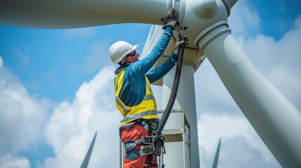 A wind turbine technician performing routine maintenance on the turbine nacelle