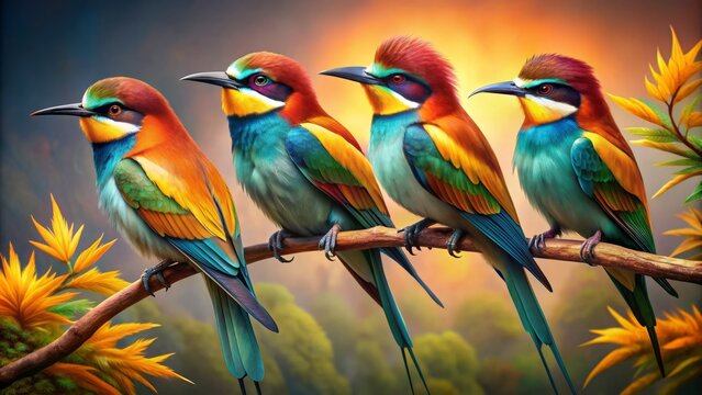 Exquisite vignette captures five melodious birds perched on a branch, their vibrant plumage and intricate feathers showcased in stunning 16k high-detail Dadaist-inspired imagery.