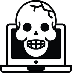 A skull is on a laptop screen. The skull is smiling and has its mouth open. The skull is surrounded by a black border